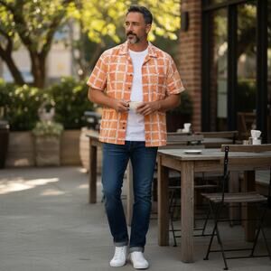 Junction West Camp Shirt Mens XXL Orange Geometric Button Up Short Sleeve